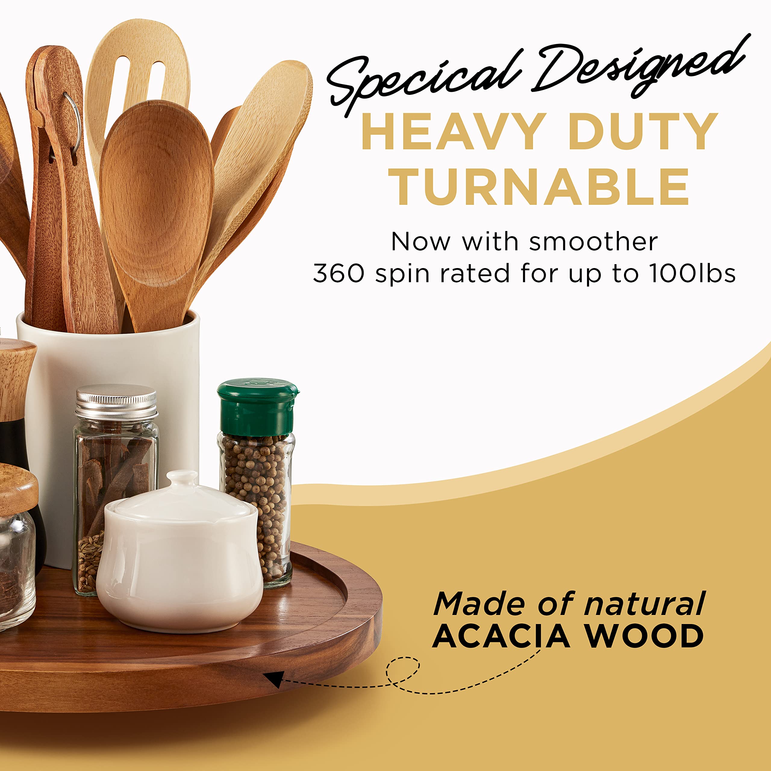 Tidita 13'' Acacia Lazy Susan Turntable For Table - Wooden Lazy Susan Organizer For Cabinet - Kitchen Turntable Storage Food Bin